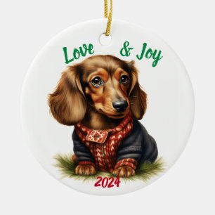 Love and Joy Dachshund: Watercolor Ceramic Tree Decoration