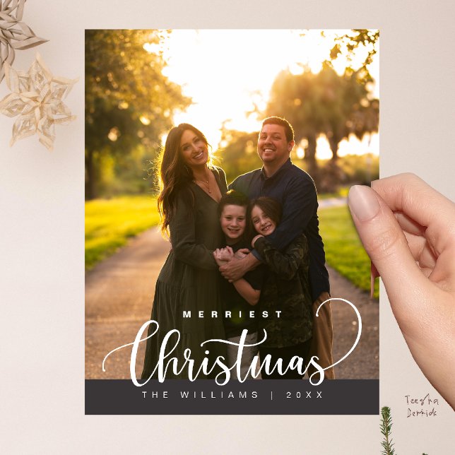 Love and Joy, Merry Christmas Family Photo Postcard (Love and Joy, Merry Christmas Family Photo Modern Cute Typography Postcard in Charcoal Grey)