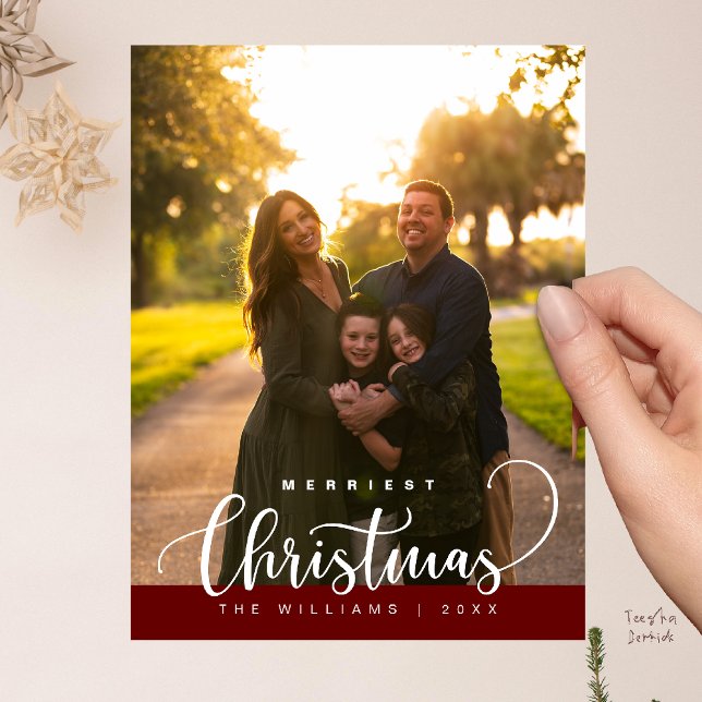 Love and Joy, Merry Christmas Family Photo Postcard (Love and Joy, Merry Christmas Family Photo Modern Cute Typography Postcard in Burgundy Wine Deep Red)