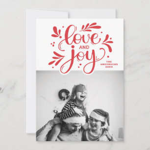 Love and Joy. Red Christmas script calligraphy Holiday Card