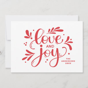 Love and Joy. Red Christmas script calligraphy Holiday Card