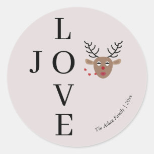 Love and Joy Reindeer Blush Pink Black Crossword Classic Round Sticker