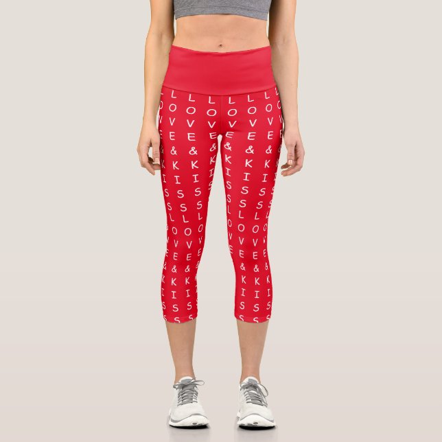 love and kisses, fun red graphic text design capri leggings (Front)