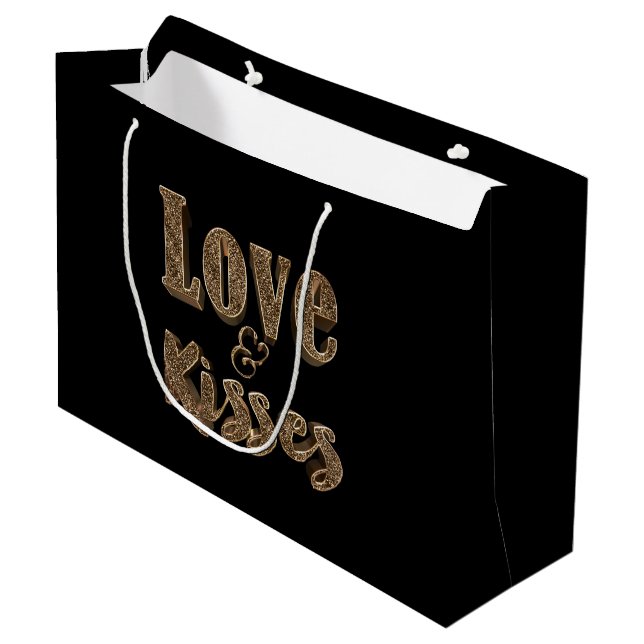 Love and Kisses Romantic Elegant Gold Typography Large Gift Bag (Front Angled)
