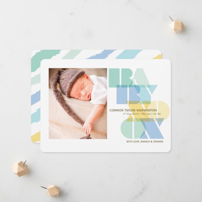 Love And Kisses Typography Baby Boy Photo Birth Announcement (Front/Back In Situ)