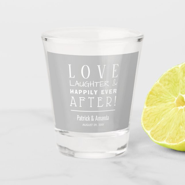 Love and Laughter Silver Wedding Shot Glass (Front)