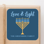 Love and Light Blue Gold Hanukkah Menorah Square Sticker<br><div class="desc">Cute custom Love and Light Hanukkah sticker for a Jewish family or a Chanukah party with a synagogue. Personalise with your own last name or group information in blue under the pretty gold menorah.</div>