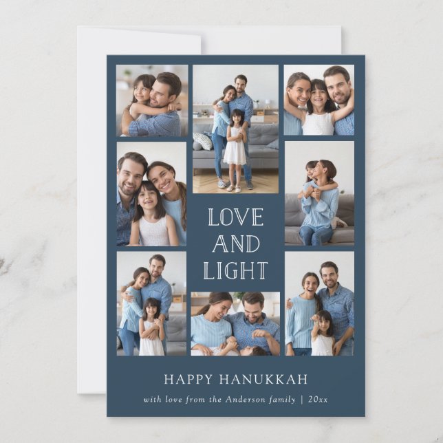 Love and Light | Blue Multi Photo Family Hanukkah Holiday Card (Front)