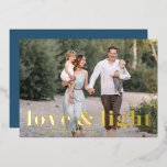 Love and Light Bold Typography Hanukkah Photo<br><div class="desc">Love and Light! Send Hanukkah wishes to family and friends with this customisable gold foil Hanukkah card. It features bold typography. Personalise by adding names and a photo. This gold foil Happy Hanukkah card is available on other cardstock.</div>