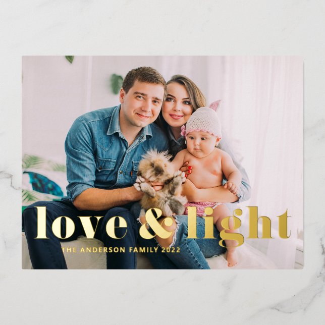 Love and Light Bold Typography Hanukkah Photo Foil Holiday Postcard (Front)