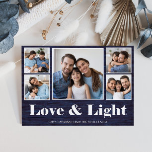 Love and Light   Hanukkah Blue Rustic Photo Grid Holiday Card