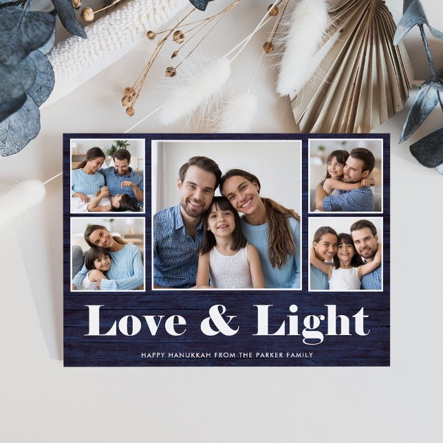 Love and Light | Hanukkah Blue Rustic Photo Grid Holiday Card (A rustic, blue wood look Hanukkah card with a photo grid)