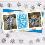 Love and Light Hanukkah Photo Card<br><div class="desc">Send heartfelt Hanukkah wishes with this modern “Love & Light” photo card, perfect for celebrating the season with family and friends. Featuring bold blue typography with festive flourishes, gold glitter-style border, and space for two custom photos, this design blends tradition with contemporary charm. Personalise it with your family name and...</div>
