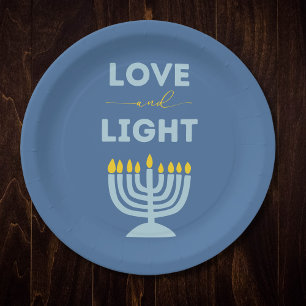 "Love and Light" Jewish Menorah Blue Hanukkah Paper Plate