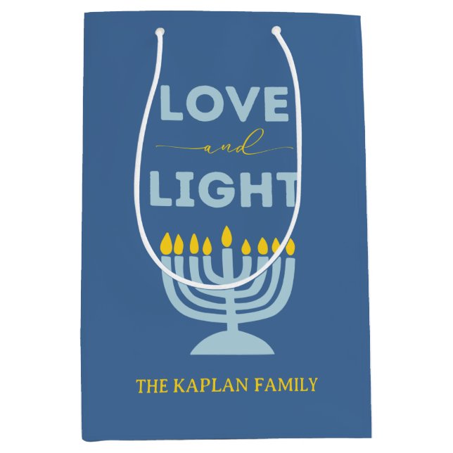 "Love and Light" Menorah Personalised Hanukkah Medium Gift Bag (Front)