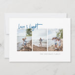 Love and Light Modern Minimalist Hanukkah Photo Holiday Card<br><div class="desc">Modern minimalist typography design "Love & Light" Hanukkah photo card. Features,  three vertical photo spaces,  blue "Love & Light" script and coordinating blue color backing. Template text lines for family name on front,  message and names on back.</div>