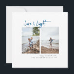 Love and Light Modern Minimalist Photo Hanukkah Holiday Card<br><div class="desc">Modern minimalist typography design "Love & Light" Hanukkah photo card. Features,  two vertical centred photo spaces,  blue script and coordinating solid colour backing. Template text lines for short greeting,  family name and year.</div>