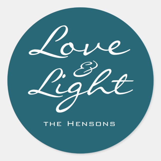 Love and Light Script Blue Green Name Christmas Classic Round Sticker (Front)