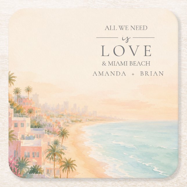 Love and Miami Beach Destination Wedding Coasters (Front)