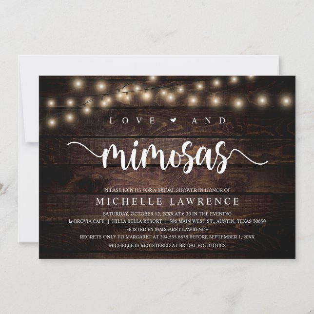 Love and Mimosas, Rustic Bridal Shower Celebration Invitation (Front)