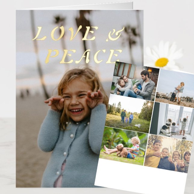 Love and Peace 8 Photo Folded Gold Foil Holiday Card (Modern Gold Foil Holiday Card with 8 Photos and Holiday Message)