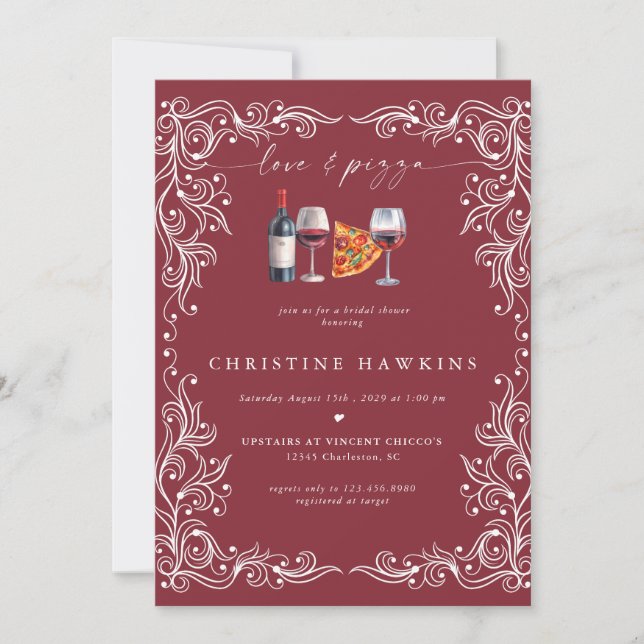 Love and Pizza | Wine Bridal Shower Invitation (Front)