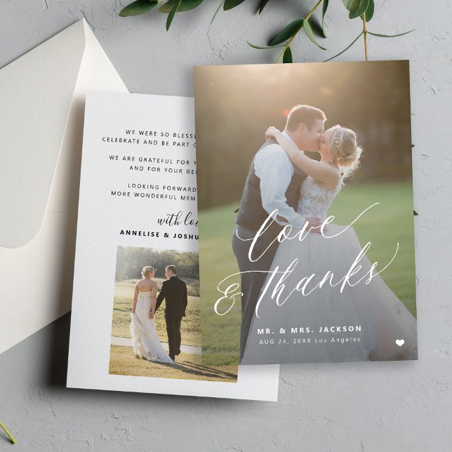 Love and thanks 2 photo elegant script wedding thank you card (Creator Uploaded)