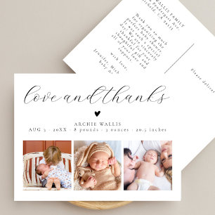 Love and Thanks 3 Baby Photo Birth Announcement Postcard
