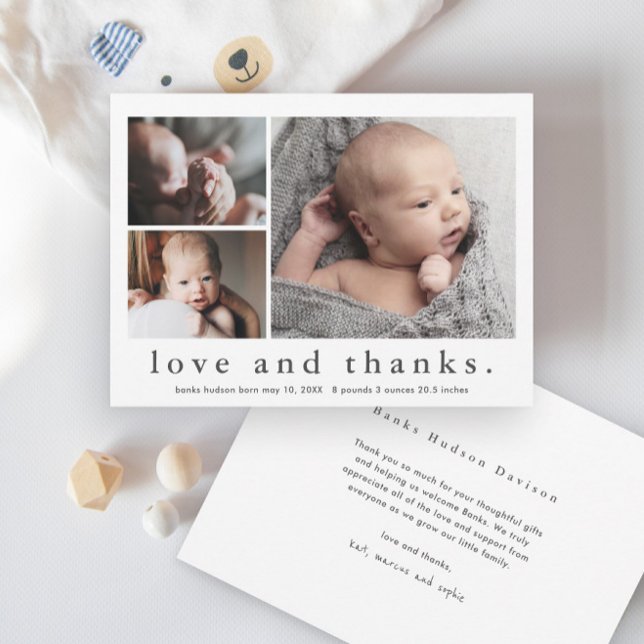 Love and Thanks 3 Photo Baby Thank You Card (Creator Uploaded)