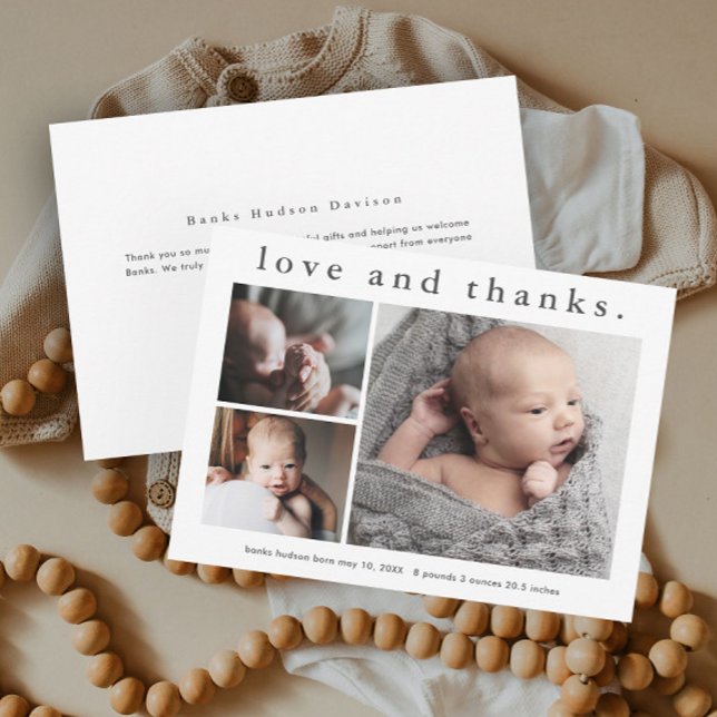 Love and Thanks 3 Photo Baby Thank You Card (Simple Typography Love and Thanks 3 Photo Collage Baby Announcement Thank You Card.)