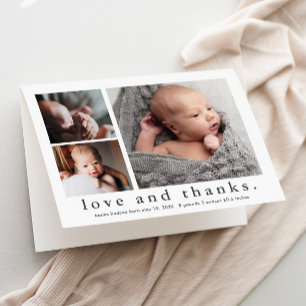 Love and Thanks 3 Photo Collage Baby Thank You Card