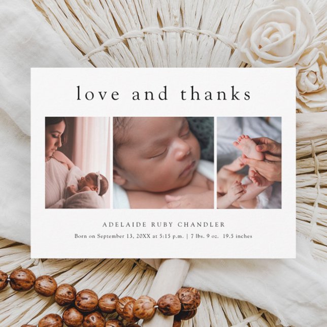 Love and Thanks 3 Photo New Baby Thank You Card (Simple love and thanks 3 photo budget baby thank you card birth announcement.)