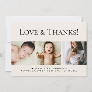 Love and thanks 3 Photos Baby Beige Birth Thank You Card