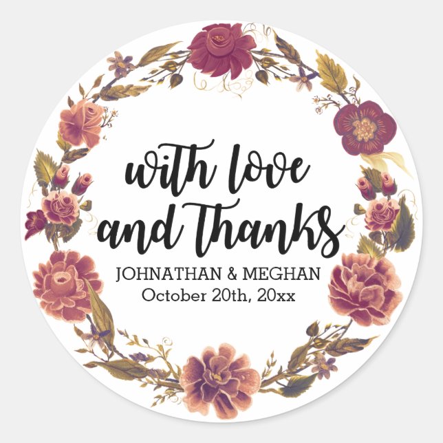 Love and Thanks Autumn Wreath Wedding Favour Classic Round Sticker (Front)