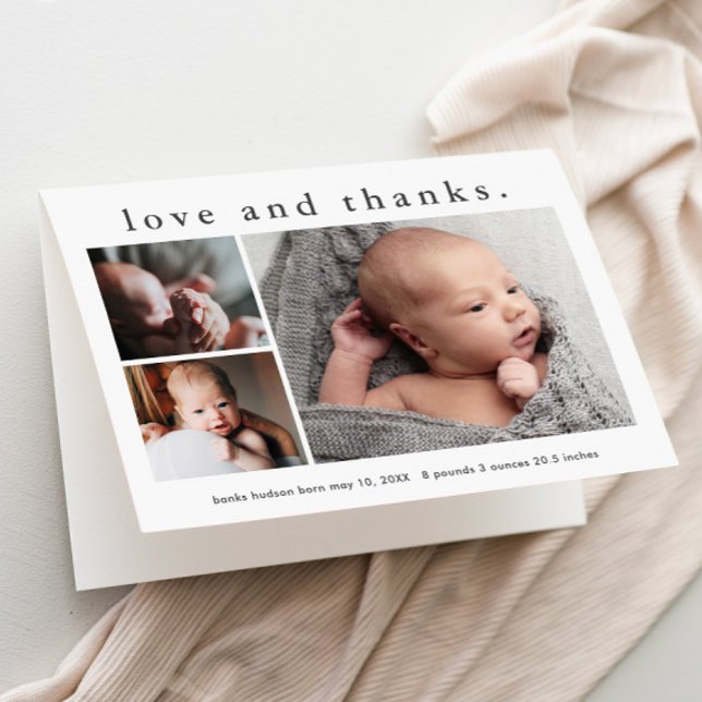 Love and Thanks Baby Photo Birth Announcement (3 Photo Collage Folded Baby Thank You Card and Birth Announcement.)