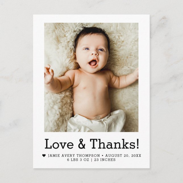 Love and Thanks Baby Photo Birth announcement Postcard (Front)