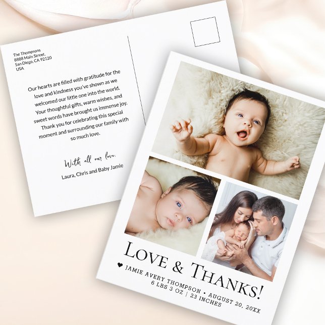 Love and Thanks Baby Photo Birth announcement Postcard (Baby photo grid Love and thanks postcard.)