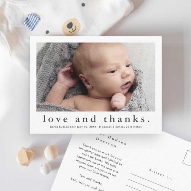 Love and Thanks Baby Photo Birth Announcement Postcard (Creator Uploaded)