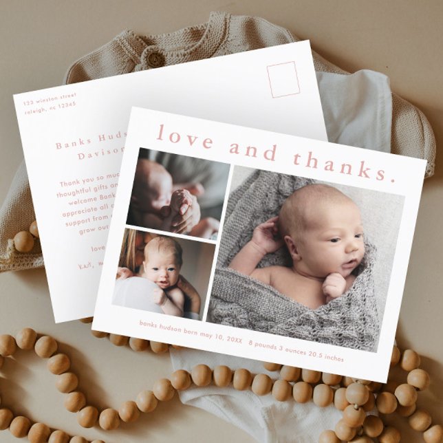 Love and Thanks Baby Photo Birth Announcement Postcard (Simple typography 3 photo collage birth announcement baby thank you postcard.)