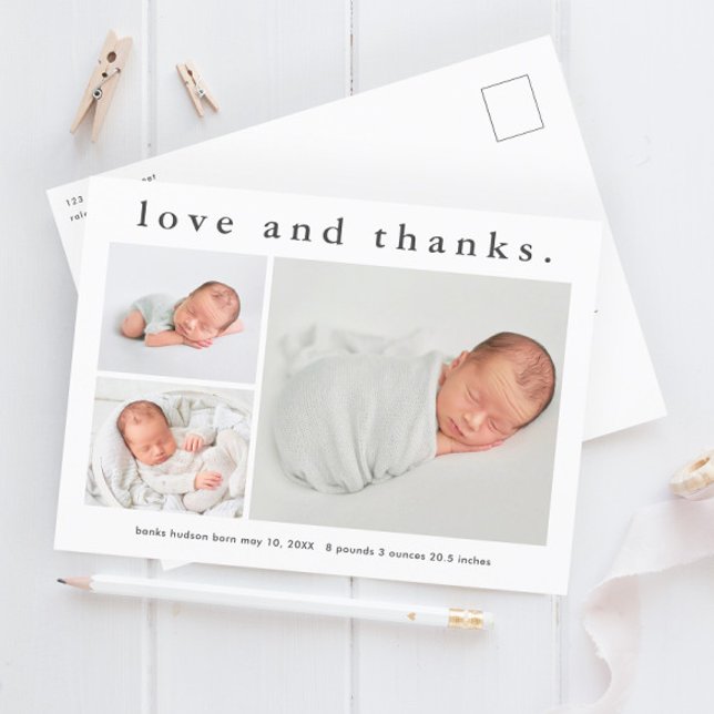Love and Thanks Baby Photo Birth Announcement Postcard (Simple love and thanks 3 photo baby announcement thank you postcard.)
