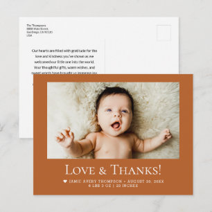 Love and Thanks Baby Photo Birth Stats Terra cotta Postcard