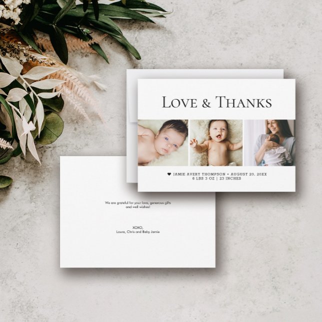 Love and Thanks Baby Photos Minimal Birth  Thank You Card (Love and thanks baby photos birth announcement shower thank you cards.)