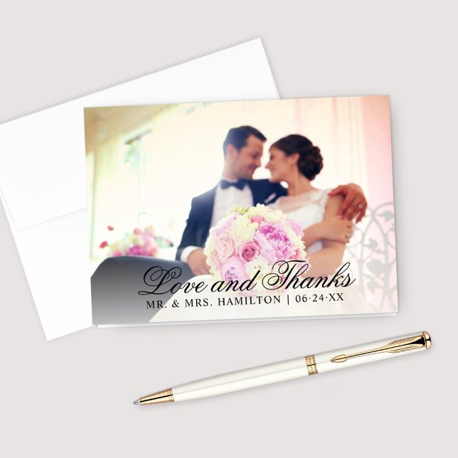 Love and Thanks Black Elegant Wedding Photo Thank You Card (Creator Uploaded)