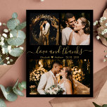 Love and Thanks Black Gold Wedding Thank You<br><div class="desc">Elegant, Modern Black and Gold Hand Lettered Wedding Photo Collage Thank You Card. Stylish wedding thank you card template featuring three photo on the front and one photo on the back. With the text "Love and thanks" in a swirly hand lettered typography script font in gold colour on black background....</div>