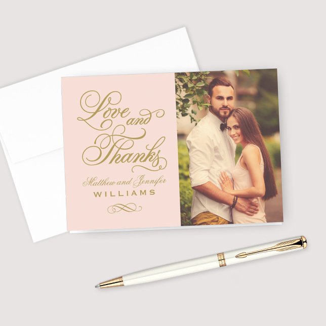 Love and Thanks Blush Gold Photo Wedding Thank You Card (Creator Uploaded)