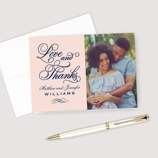 Love and Thanks Blush Navy Wedding Photo Thank You Card (Creator Uploaded)