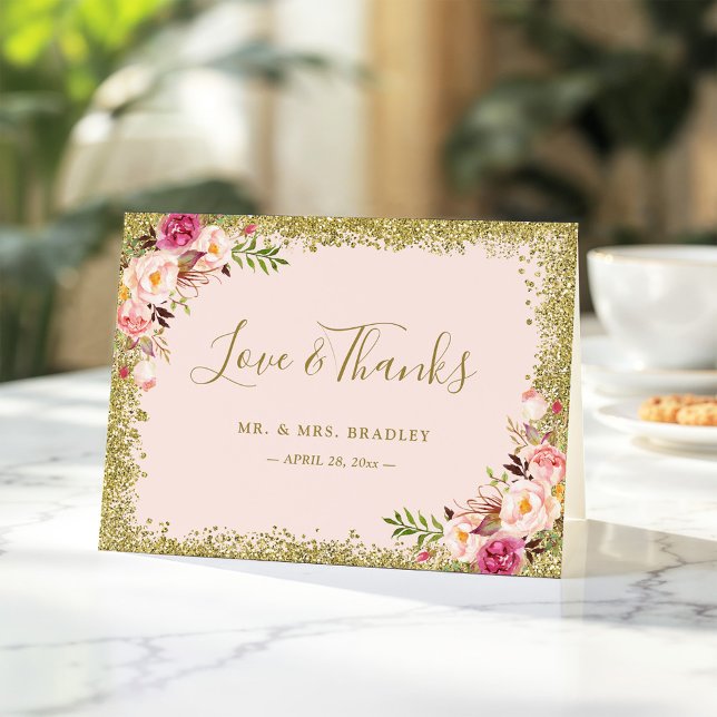 Love and Thanks Blush Pink Gold Glitter Floral Thank You Card (Creator Uploaded)