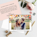 Love and Thanks | Burgundy Rustic Romance Wedding Thank You Card<br><div class="desc">This stylish "Love and Thanks" photo thank you card features a wedding portrait on the front with white text overlay and rustic floral border of fall watercolor flowers in blush,  pink,  peach,  yellow,  burgundy,  and green colours. Personalise with a custom thank you message on the back of the card.</div>