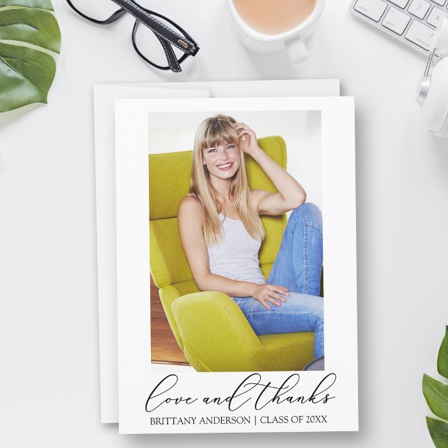 Love and Thanks Calligraphy Ink Photo Graduation Thank You Card (Customize to add text or more photos to back of card.)