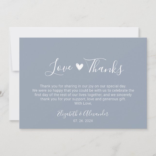Love and Thanks Calligraphy Script Blue Wedding  Thank You Card (Front)